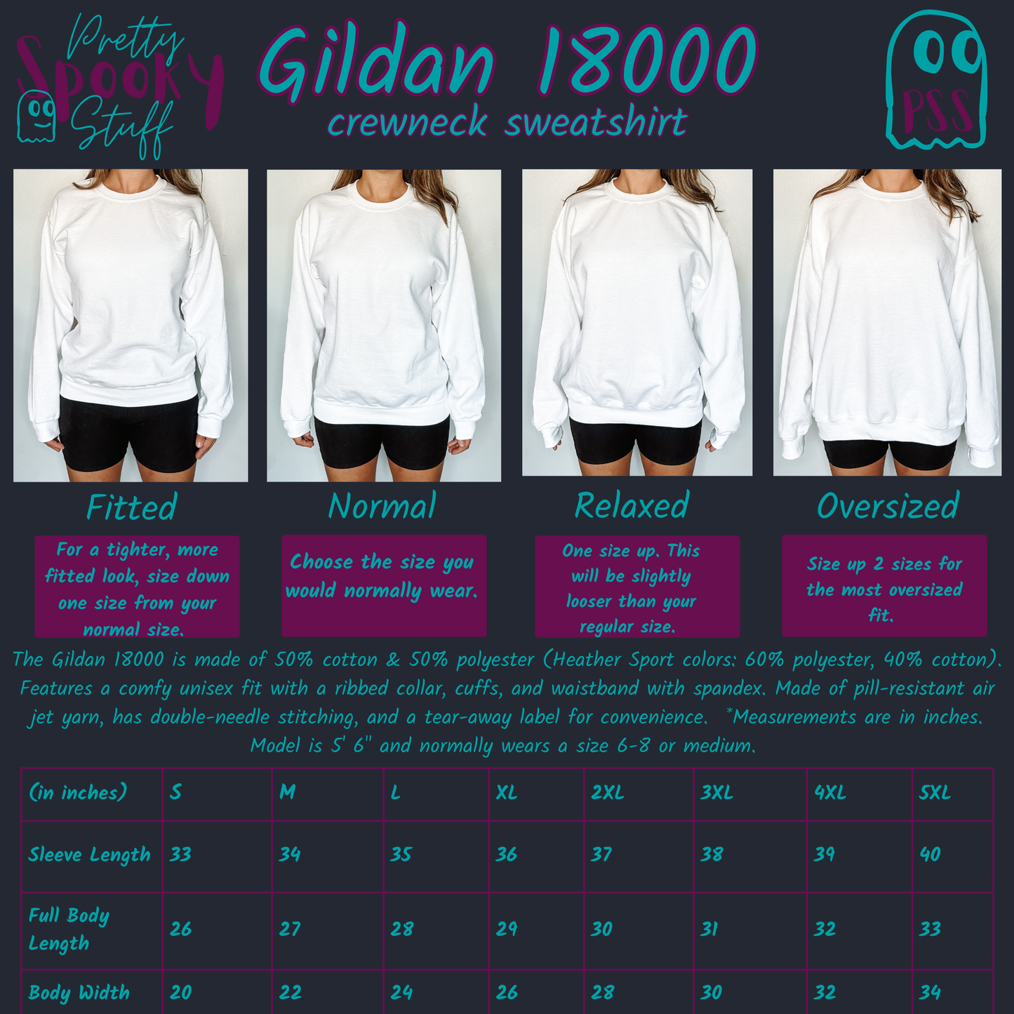 Size chart for Gildan 18000 sweatshirt.