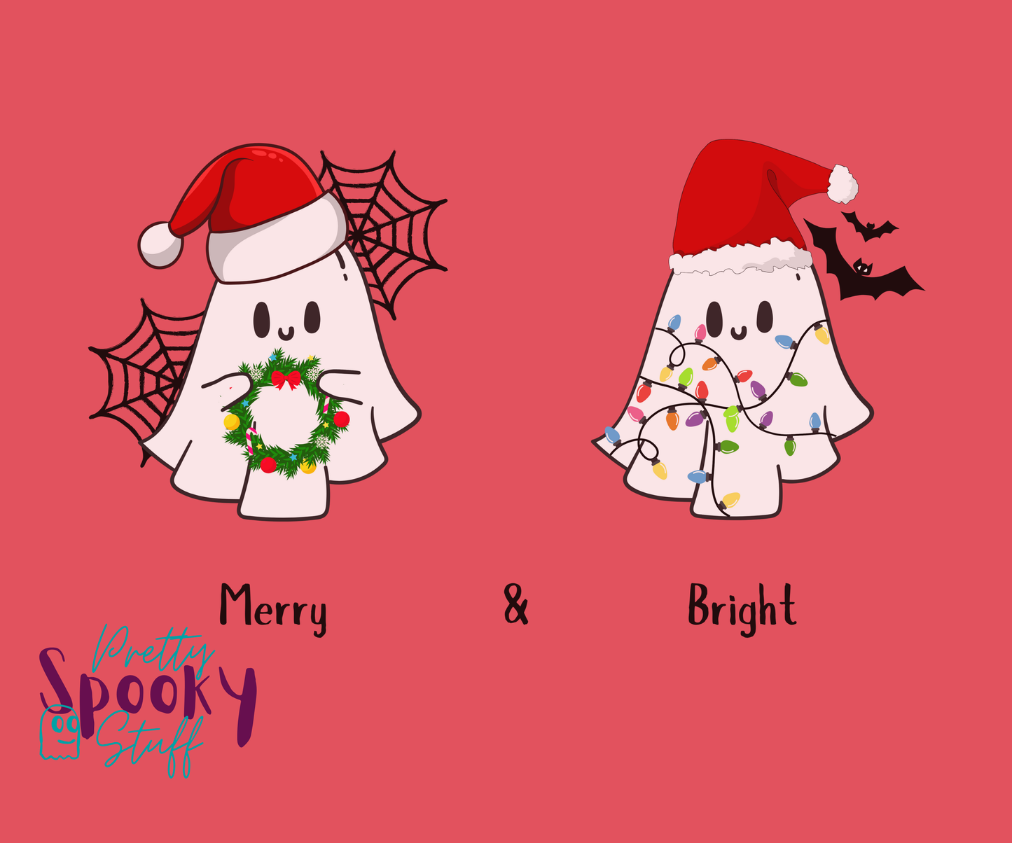 Christmas shirt design closeup with two ghosts wearing santa hats, one holding a wreath with spiderwebs behind them, and one tangled in lights with bats behind them, named Merry and Bright.