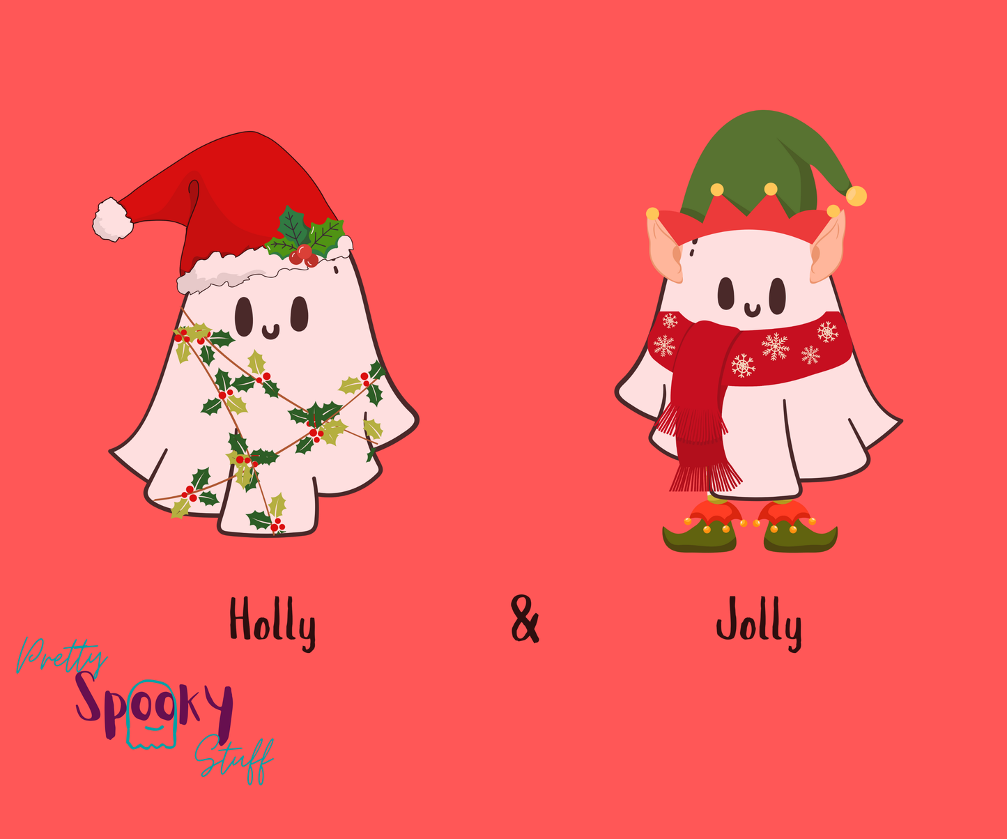 Christmas shirt design closeup with two ghosts, one wearing elf garb named Jolly, and one wearing a Santa hat and covered in holly leaves named Holly.