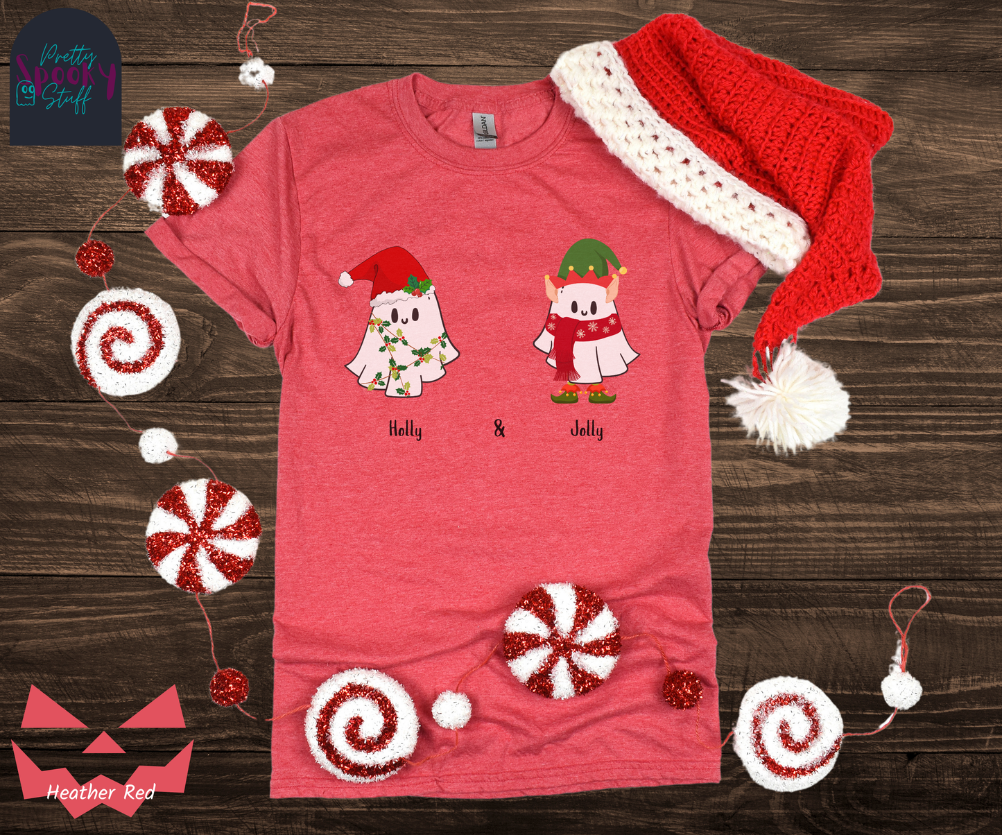 Christmas shirt with two ghosts, one wearing elf garb named Jolly, and one wearing a Santa hat and covered in holly leaves named Holly, in heather red.