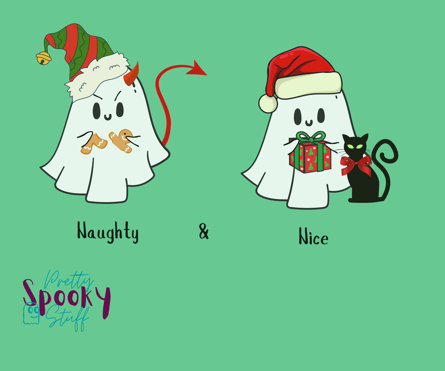 Christmas shirt design closeup with two ghosts wearing Santa hats, one named Naughty with a devil's tail and horn breaking a gingerbread man, and one named Nice holding a wrapped gift with a bow-wearing black cat next to them.