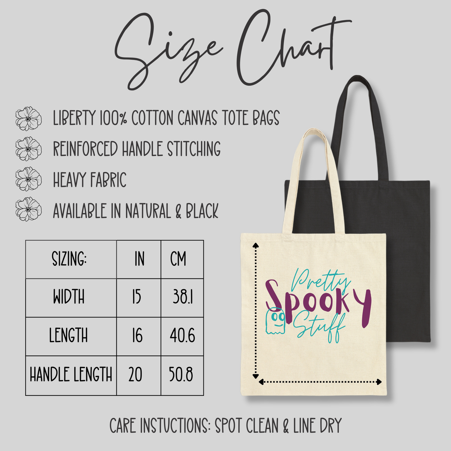 Canvas tote bag size chart.