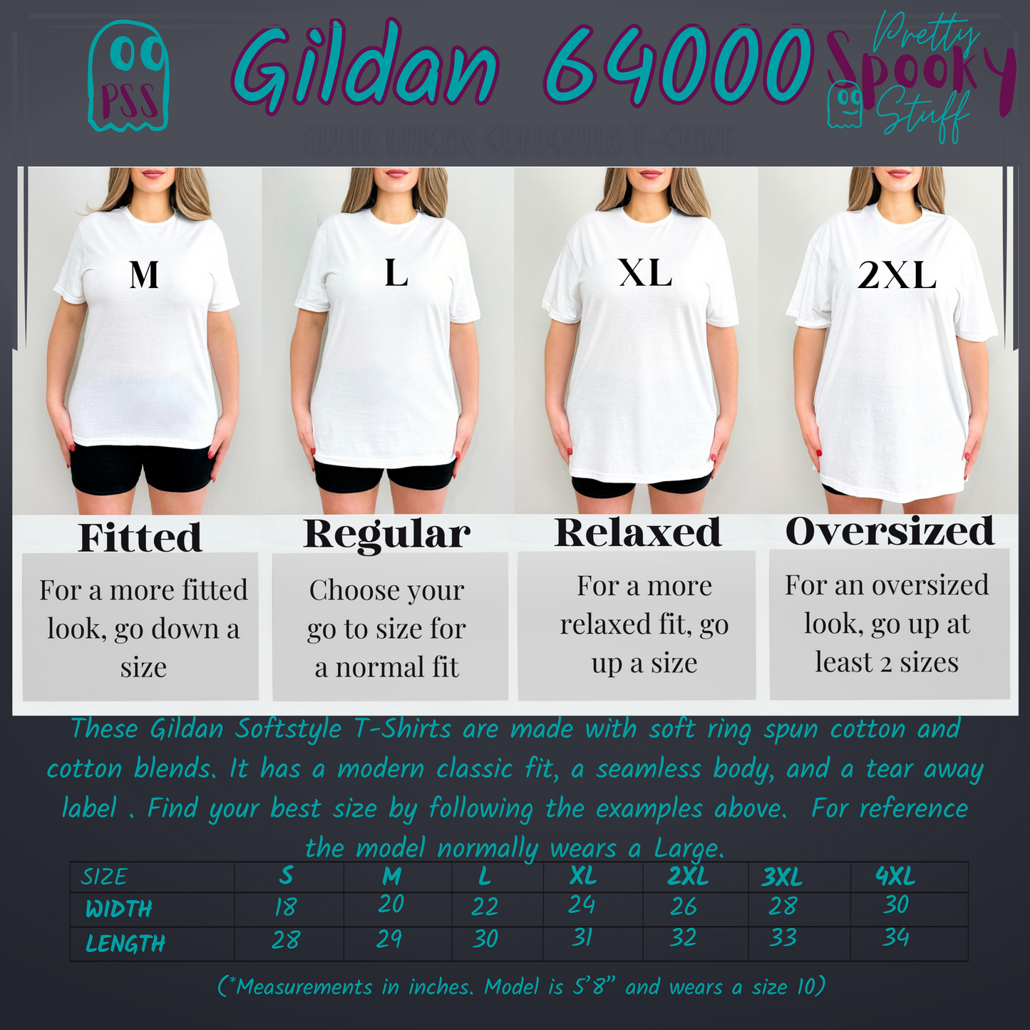 Gildan 64000 t-shirt size chart.
