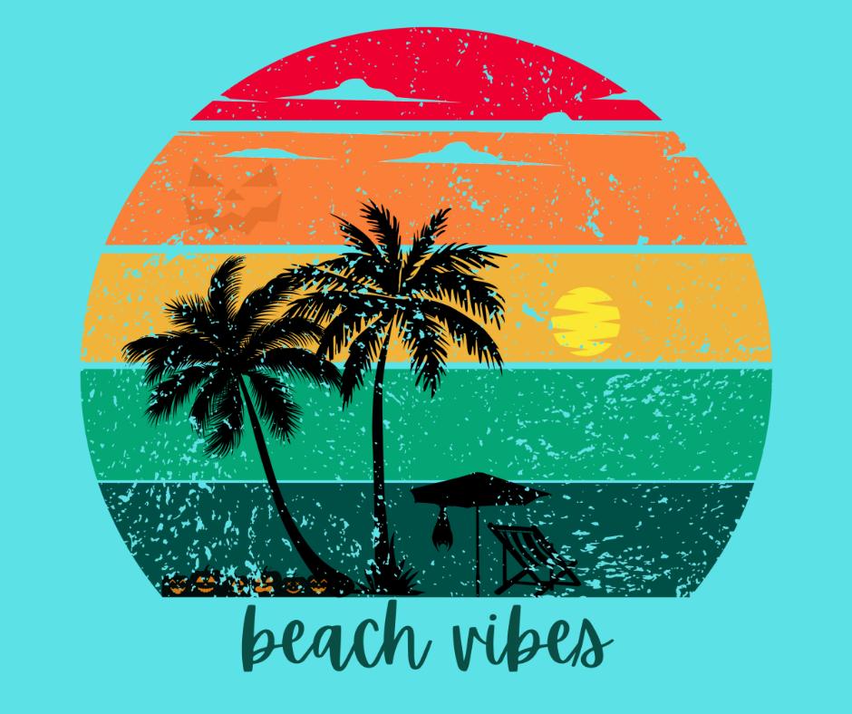 Summerween shirt with rainbow sunset ombre lines, behind the silhouettes of two palm trees, beach umbrella and chair, featuring a bat hanging from the umbrella, and group of jack o'lanterns, with yellow calligraphy font in the words "beach vibes", vintage look, closeup.