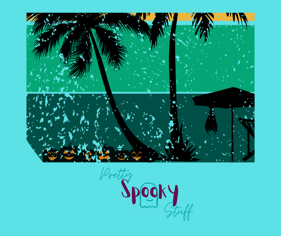Summerween shirt with rainbow sunset ombre lines, behind the silhouettes of two palm trees, beach umbrella and chair, featuring a bat hanging from the umbrella, and group of jack o'lanterns, with yellow calligraphy font in the words "beach vibes", vintage look, details closeup.