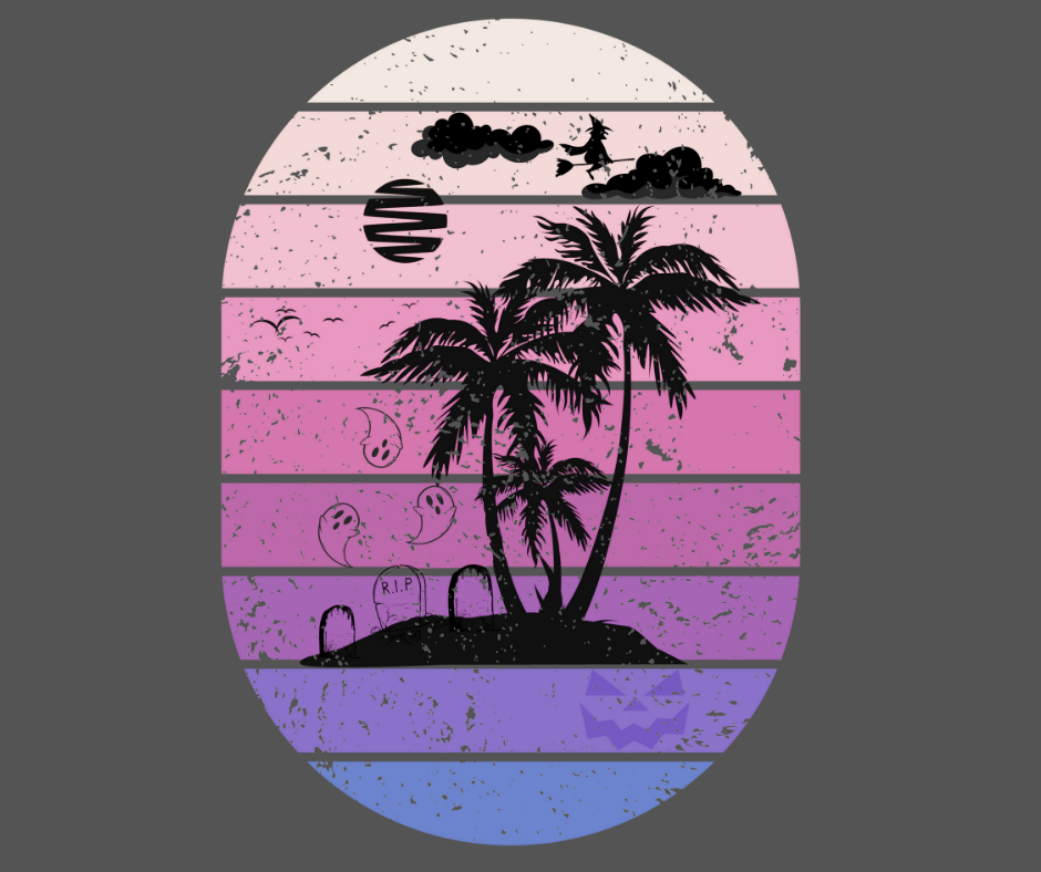 Summerween shirt with oval purple gradient lines, behind small beach and palm trees silhouette, that also has three gravestones on the beach with several ghosts flying above, as well as a witch flying on her broom in the clouds, closeup.