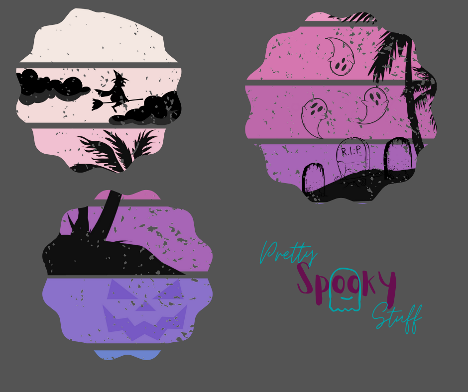 Summerween shirt with oval purple gradient lines, behind small beach and palm trees silhouette, that also has three gravestones on the beach with several ghosts flying above, as well as a witch flying on her broom in the clouds, details closeup.