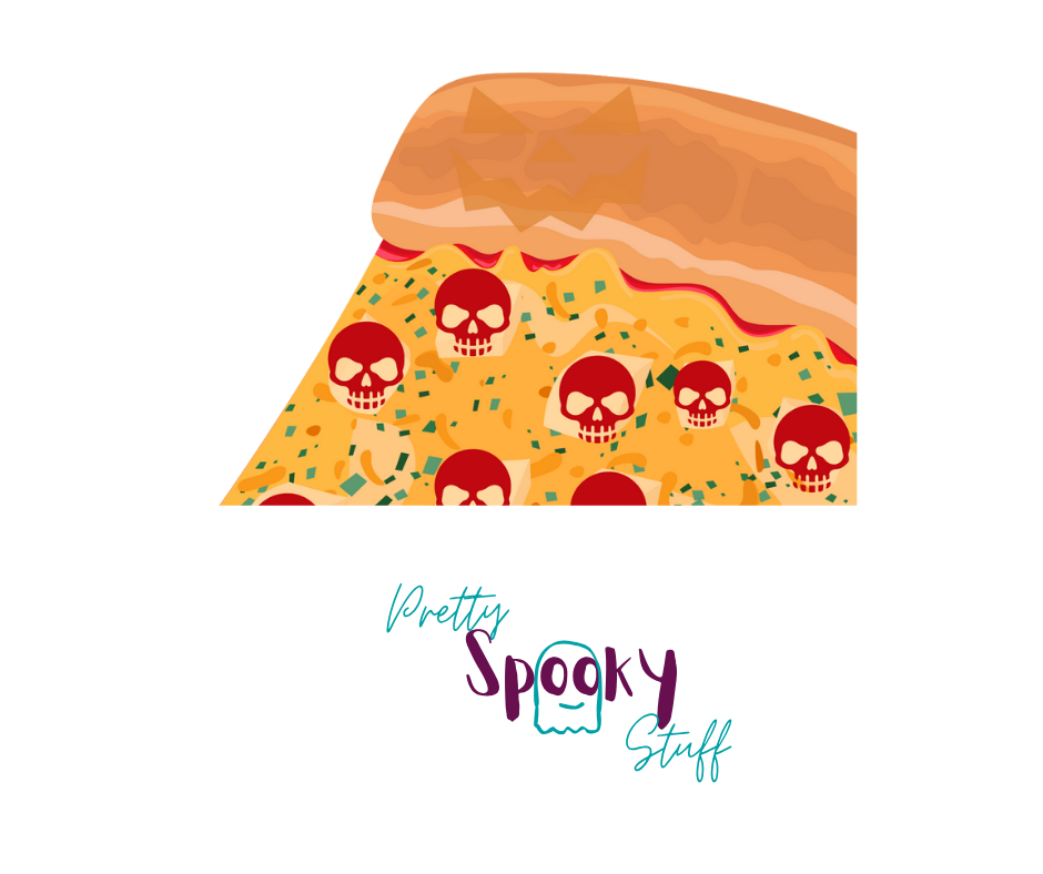 Pizza shirt detailed closeup with a slice of pepperoni pizza with skull shaped pepperonis and the words "the best pizza is spooky pizza" in red cursive font.