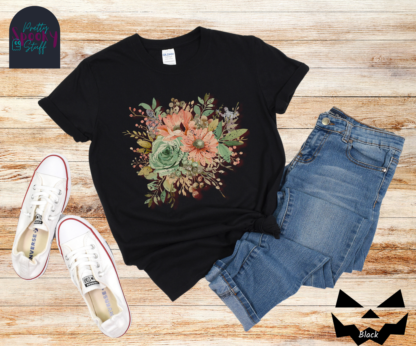 Floral shirt with a bouquet of flowers in pastel color scheme, and mummies hiding among the outlying leaves, vintage look, in black.