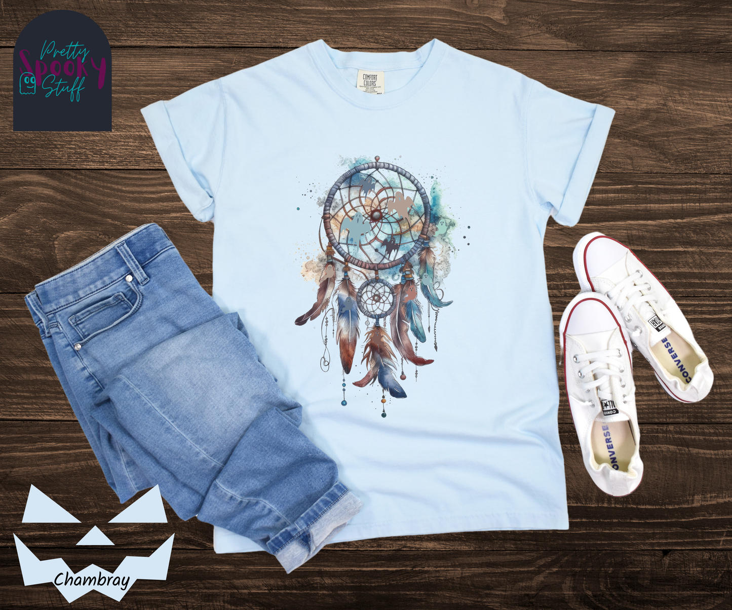 Halloween ghost dreamcatcher, watercolor aesthetic with blues and browns, with 4 ghost silhouettes in the main circle, and more ghosts hidden in the 5 feathers hanging below, in chambray.