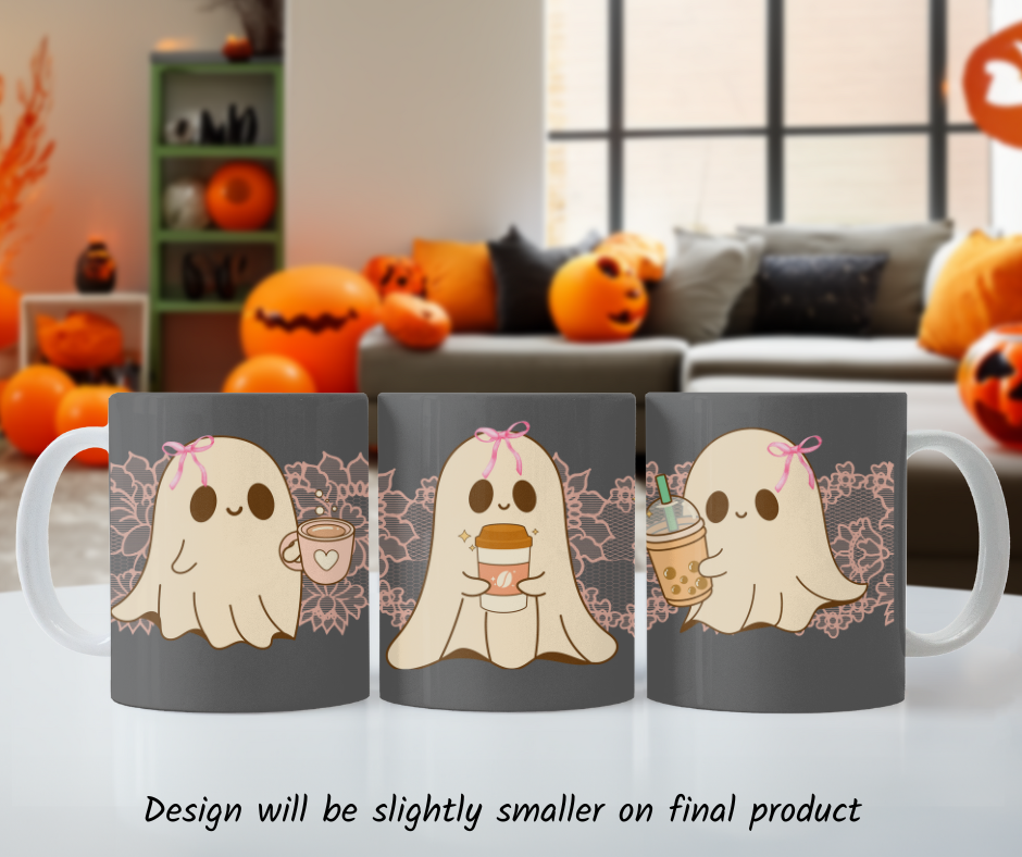 Ceramic Halloween coffee mug with three adorable ghosts, each enjoying their own coffee beverage, adorned with a pink bow, with light pink intricate lace design behind them, gray background, 3 sides view.
