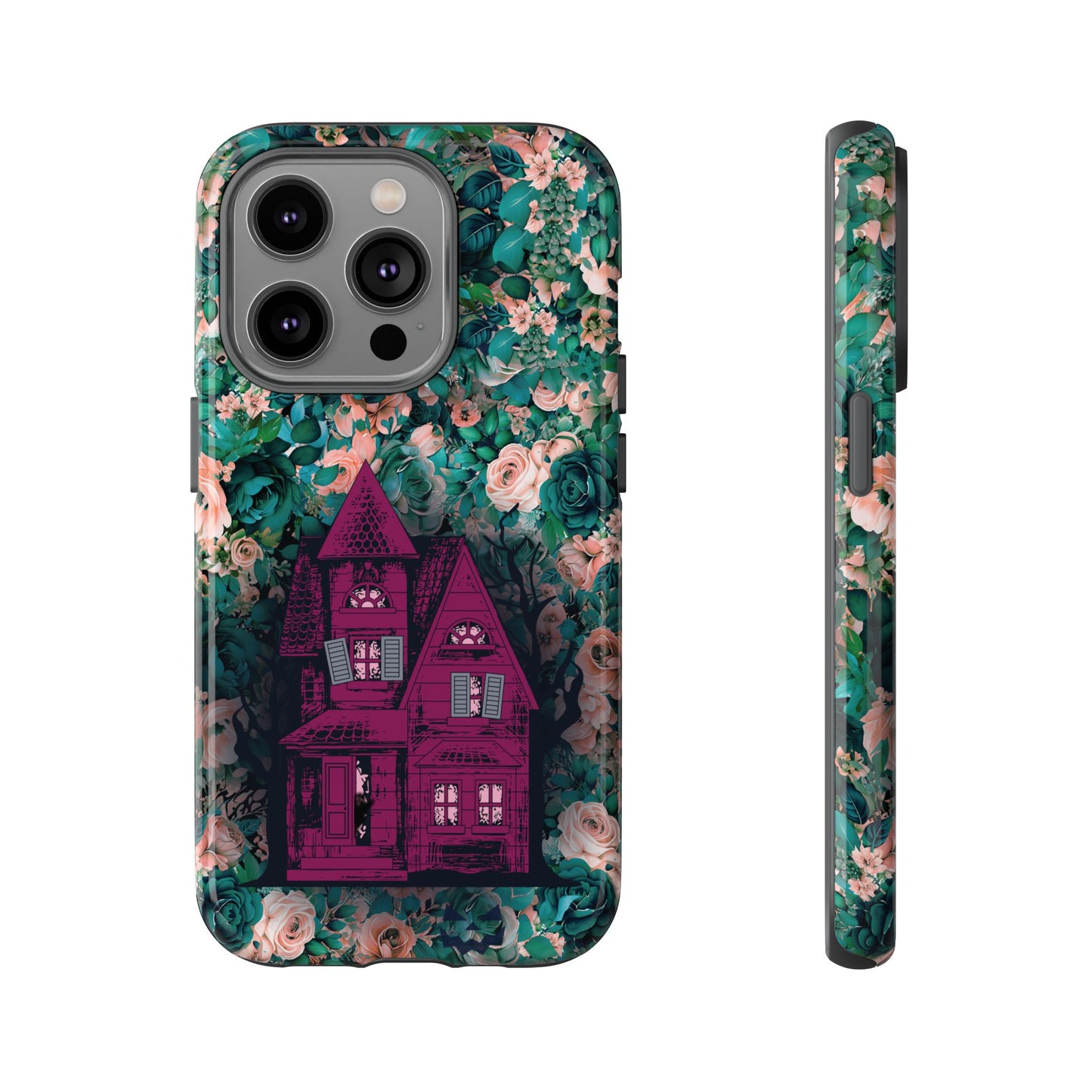 Haunted house Halloween iphone 14 pro case with purple haunted house sitting on top of a rectangle bed of blue and pink flowers, in glossy.