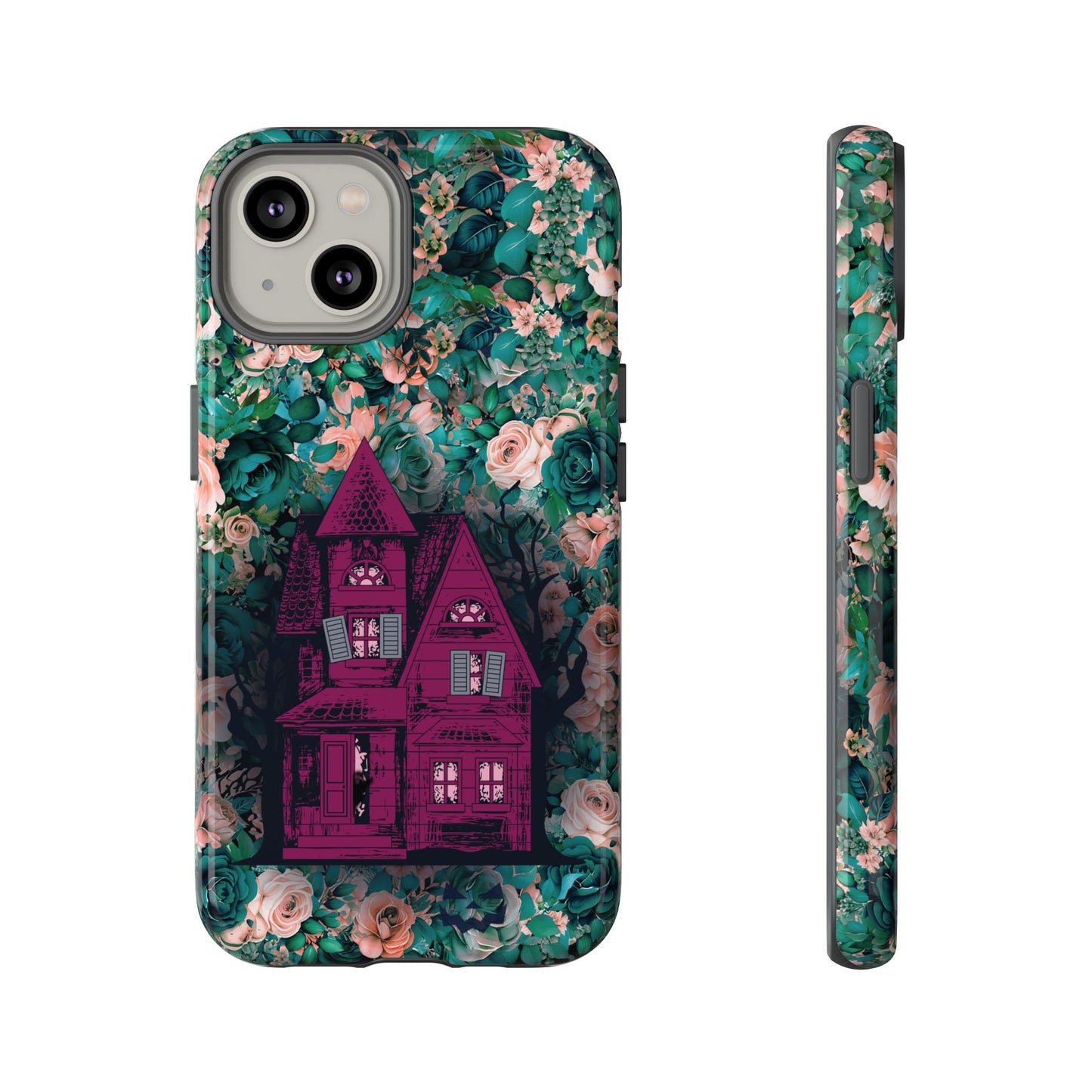 Haunted house Halloween iphone 14 case with purple haunted house sitting on top of a rectangle bed of blue and pink flowers, in glossy.