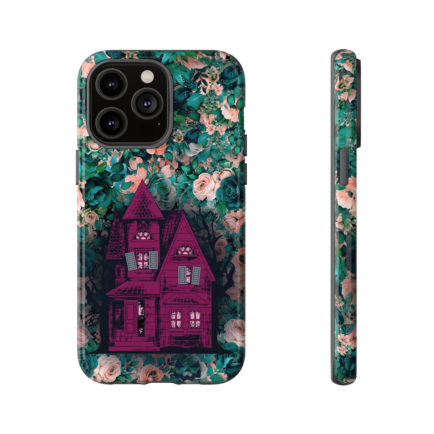 Haunted house Halloween iphone 14 pro max case with purple haunted house sitting on top of a rectangle bed of blue and pink flowers, in glossy.