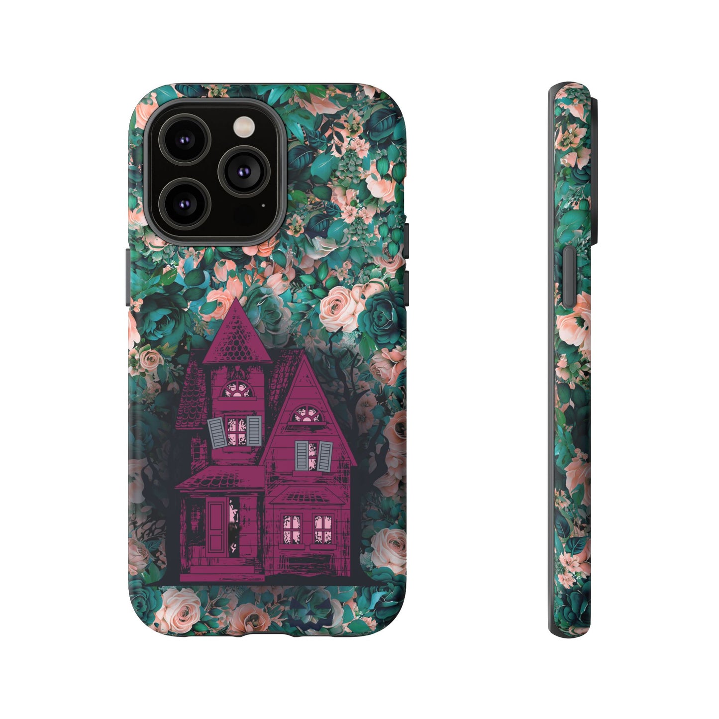 Haunted house Halloween iphone 14 pro max case with purple haunted house sitting on top of a rectangle bed of blue and pink flowers, in matte
