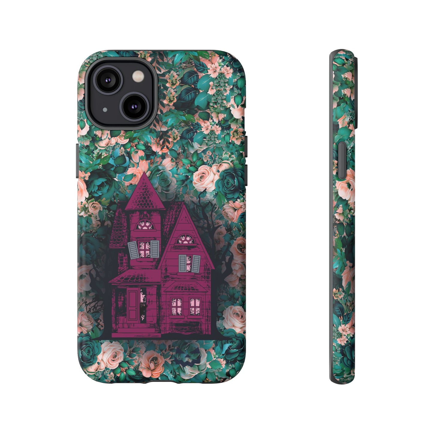 Haunted house Halloween iphone 14 plus case with purple haunted house sitting on top of a rectangle bed of blue and pink flowers, in matte.