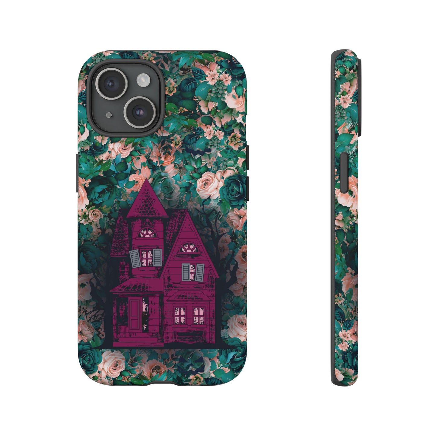 Haunted house Halloween iphone 15 case with purple haunted house sitting on top of a rectangle bed of blue and pink flowers, in matte