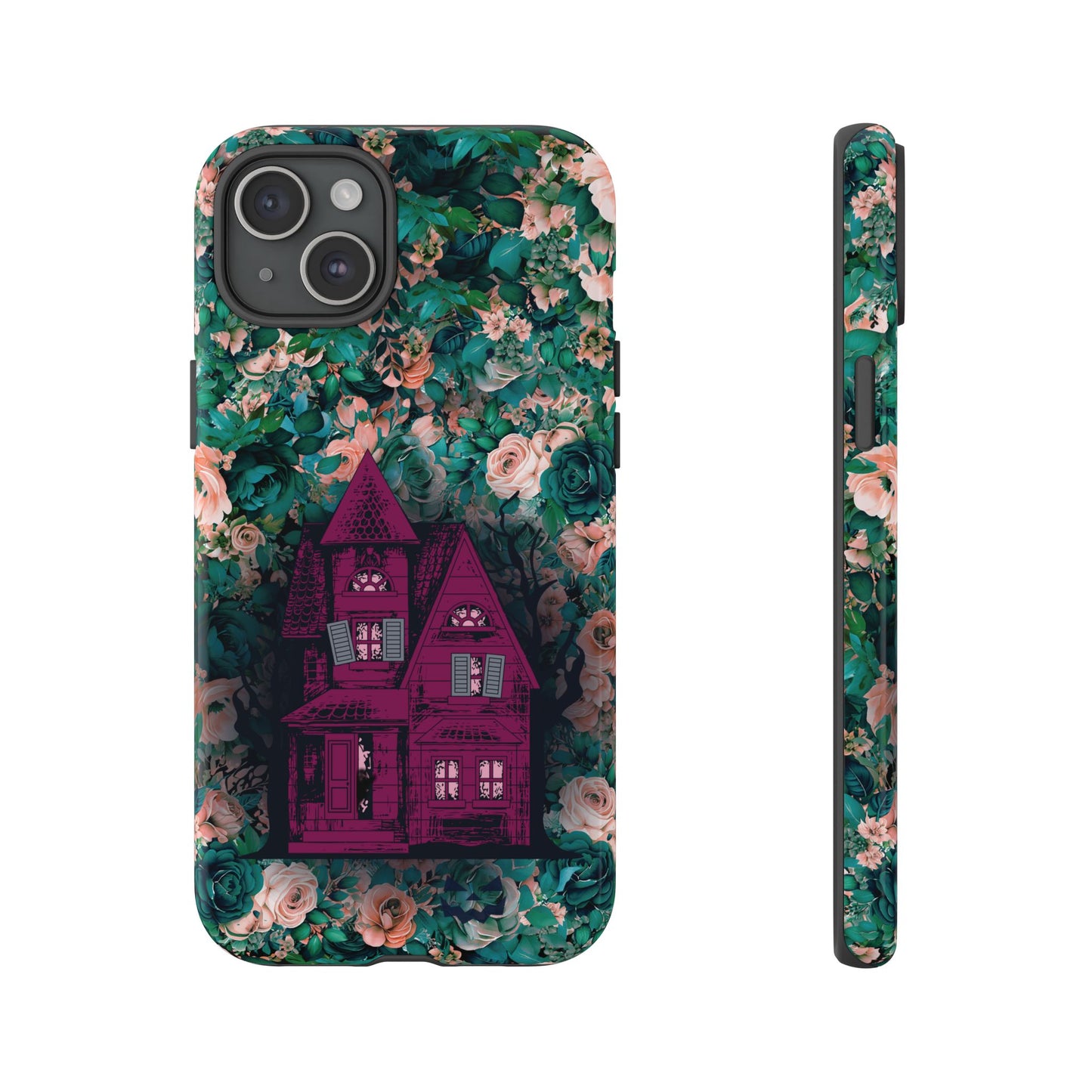 Haunted house Halloween iphone 15 plus case with purple haunted house sitting on top of a rectangle bed of blue and pink flowers, in glossy.