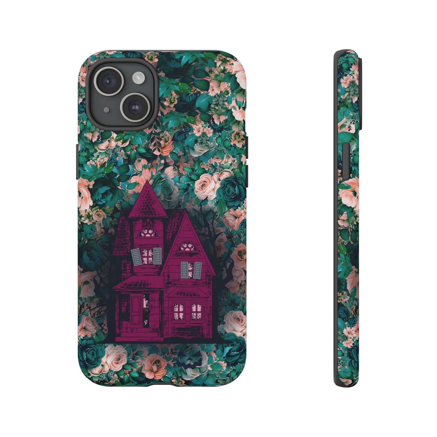 Haunted house Halloween iphone 15 plus case with purple haunted house sitting on top of a rectangle bed of blue and pink flowers, in matte.