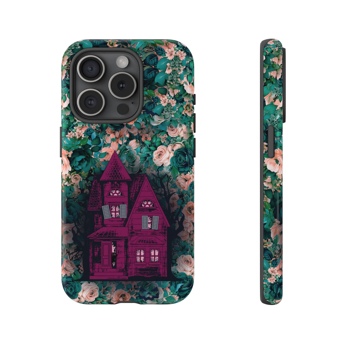 Haunted house Halloween iphone 15 pro case with purple haunted house sitting on top of a rectangle bed of blue and pink flowers, in glossy.