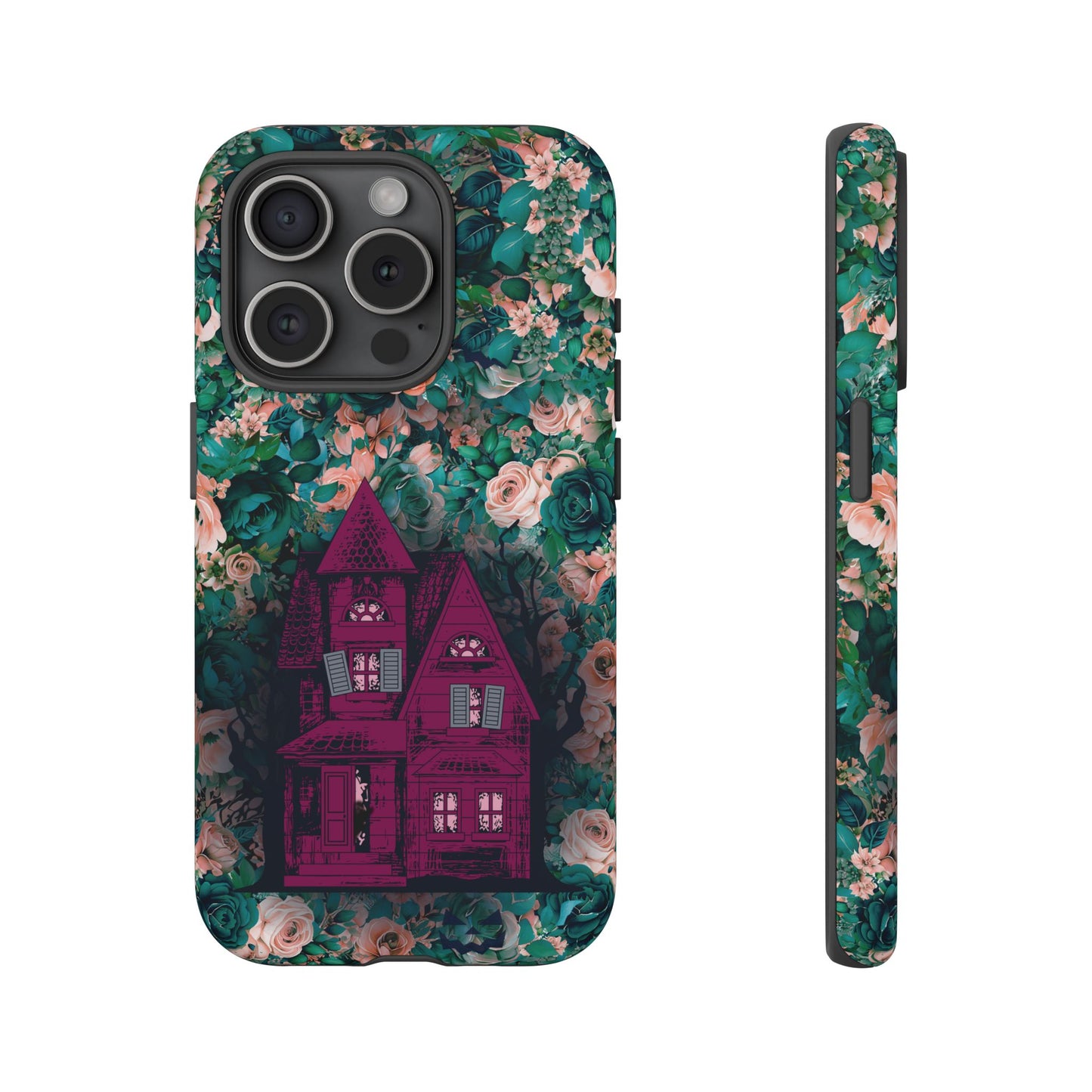 Haunted house Halloween iphone 15 pro case with purple haunted house sitting on top of a rectangle bed of blue and pink flowers, in matte