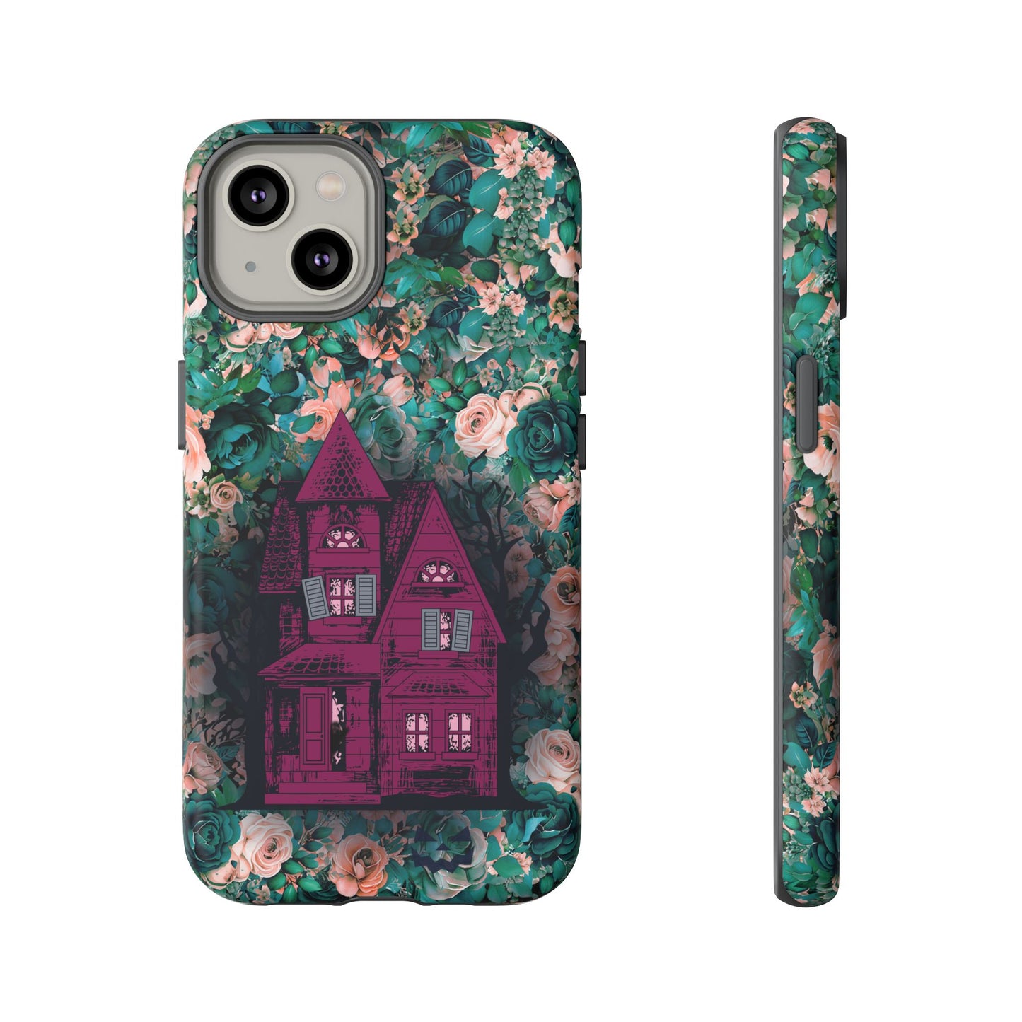 Haunted house Halloween iphone 14 case with purple haunted house sitting on top of a rectangle bed of blue and pink flowers, in matte.