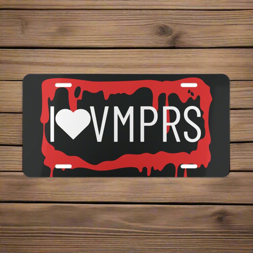 Werewolf Halloween vanity plate featuring a bloody, dripping rectangle with the letters "I<3VMPRS" in uppercase white font, resembling a license plate.
