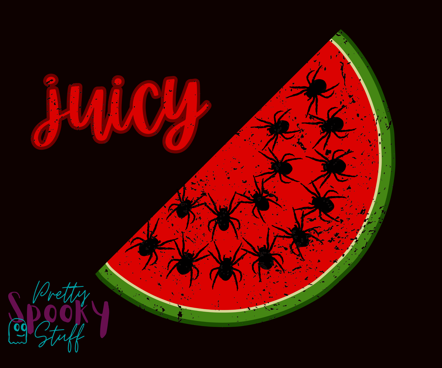 Summer watermelon shirt design closeup with a slice of watermelon where black spiders replace seeds, and the word "juicy" in red cursive font, vintage look