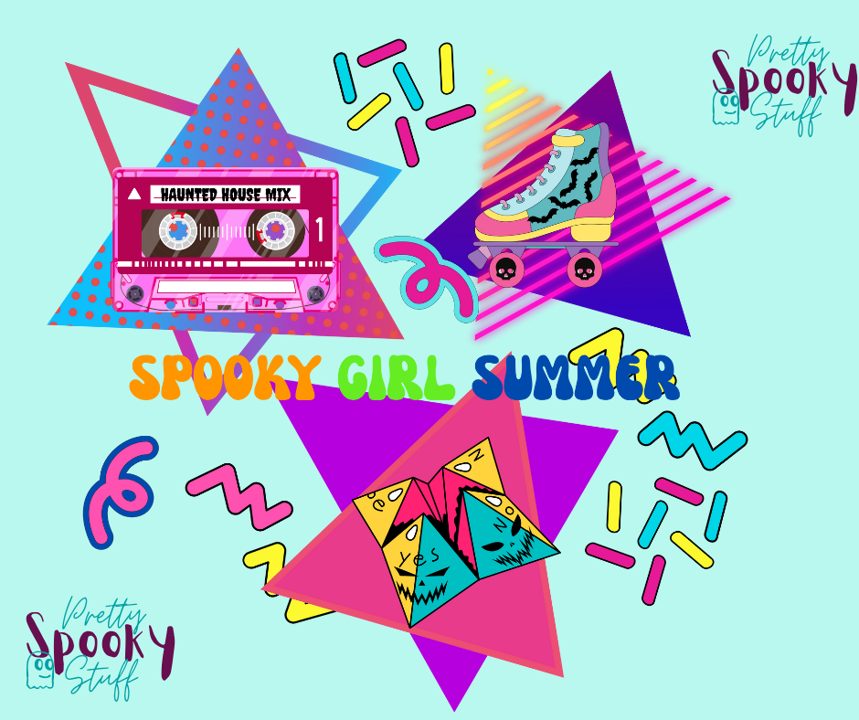 Summerween design closeup featuring retro 90's design including cassette tape with "haunted house mix", bat covered roller skate, folded paper fortune teller, bright-colored squiggles, and words "spooky girl summer" across the middle in orange, green, and dark blue.