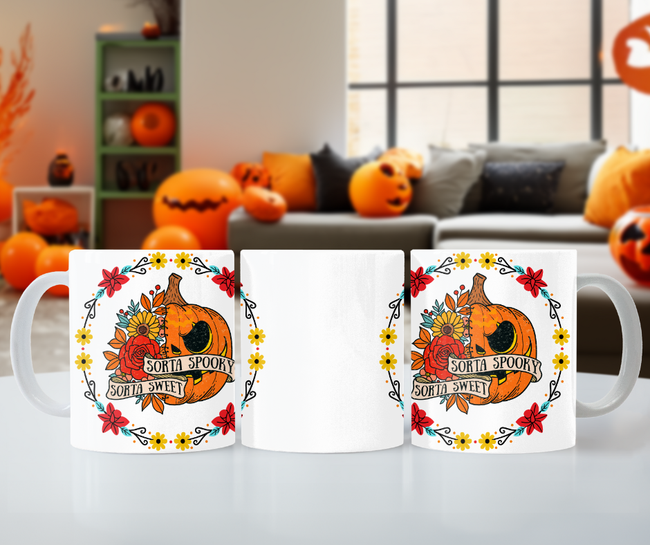 Halloween mug with a circle of yellow, red, and blue flowers, surrounding a half jack o' lantern half floral design with the words "sorta sweet sorta spooky" on small banners across the front, 3 side view.