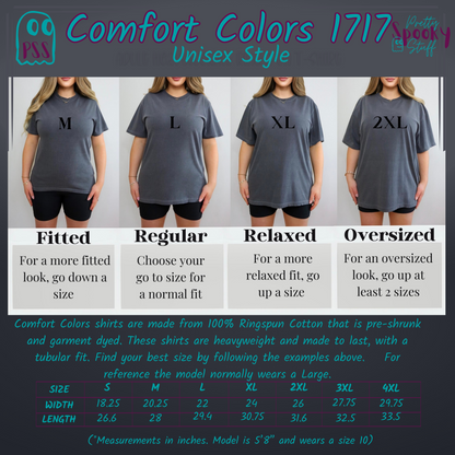 size chart for comfort colors 1717 unisex short sleeve t-shirt.