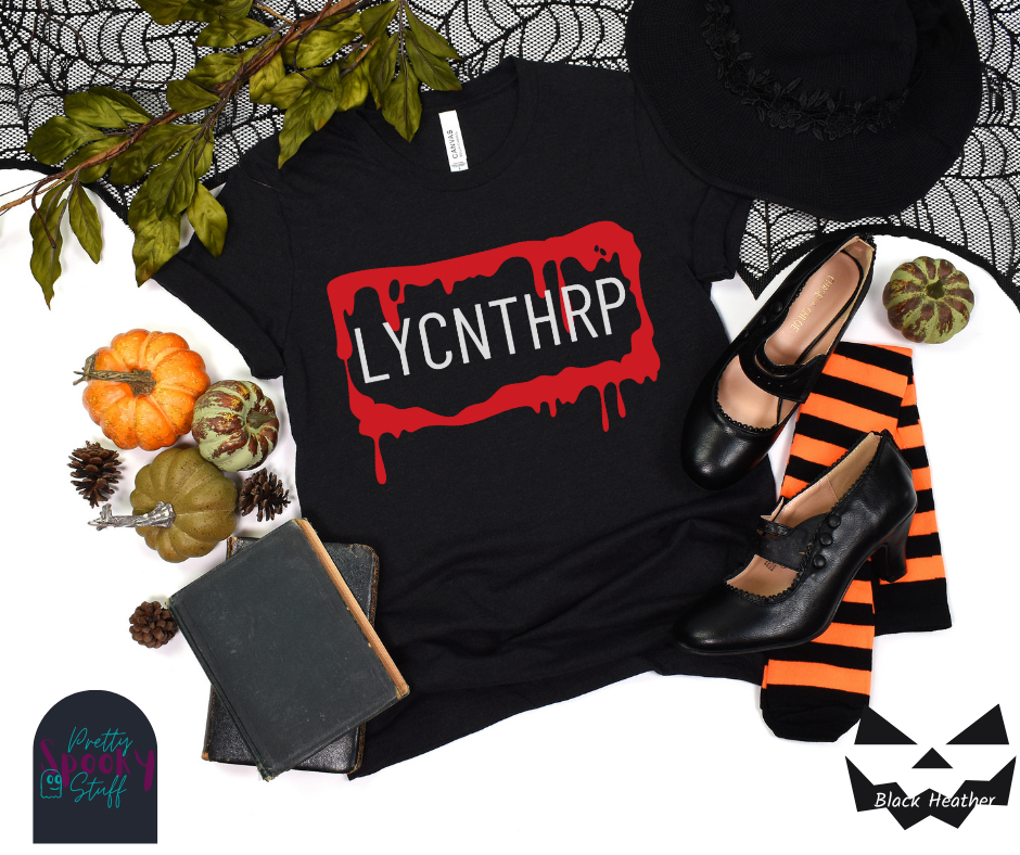 Werewolf Halloween shirt featuring a bloody, dripping rectangle with the letters "LYCNTHRP" in uppercase white font, resembling a license plate, in black heather.