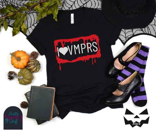 Vampire Halloween shirt featuring a bloody, dripping rectangle with the letters "I<3VMPRS" in uppercase white font, resembling a license plate, in black.