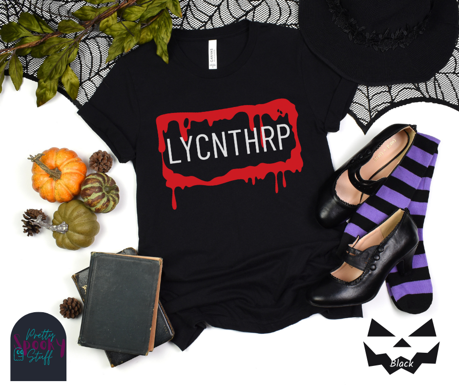 Werewolf Halloween shirt featuring a bloody, dripping rectangle with the letters "LYCNTHRP" in uppercase white font, resembling a license plate, in black.