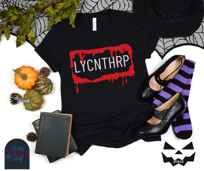 Werewolf Halloween shirt featuring a bloody, dripping rectangle with the letters "LYCNTHRP" in uppercase white font, resembling a license plate, in black.