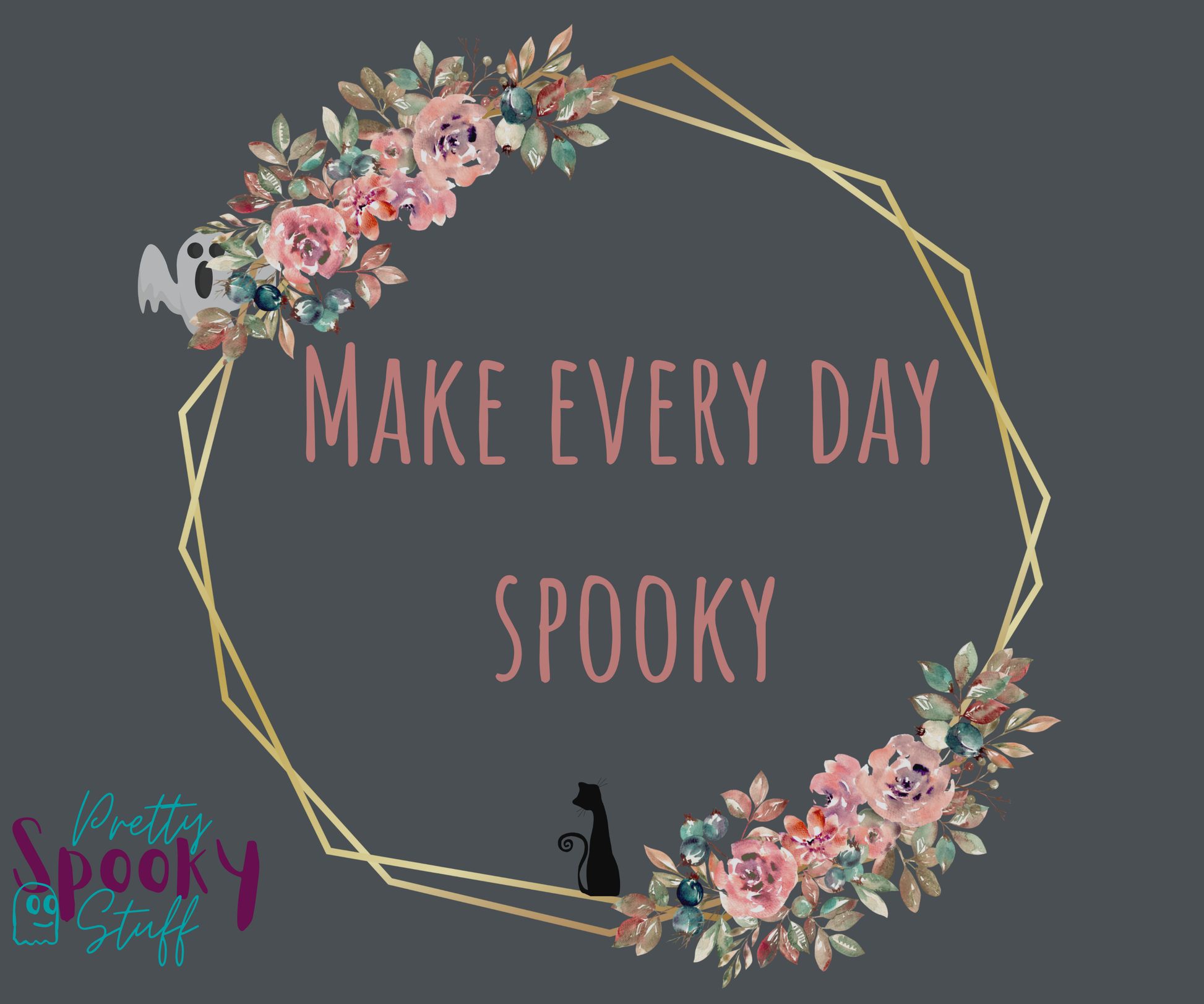 Typography shirt design closeup with the words "make every day spooky" in the middle of a gold circular frame with floral details and a black cat sitting on the bottom and a ghost peaking from the top.