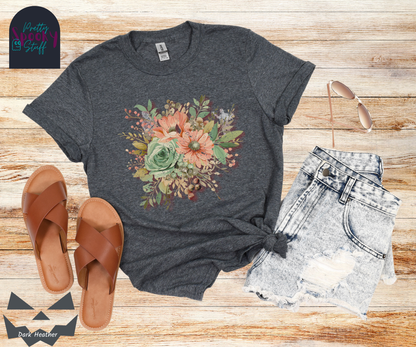 Floral shirt with a bouquet of flowers in pastel color scheme, and mummies hiding among the outlying leaves, vintage look, in dark heather.