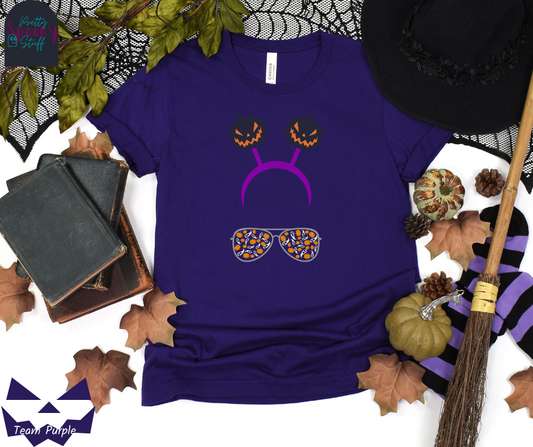 Aviators Halloween shirt with purple headband with creepy jack o' lanterns springing from the top, and aviator glasses with small pumpkins and ghosts filling the lenses, in team purple.
