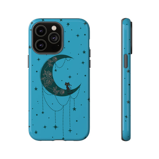Moon and stars Halloween iphone 14 promax case with a teal crescent moon with pink floral design inside of it, beads hanging from the bottom, a black cat perched on the bottom, and teal stars surrounding it, in glossy.