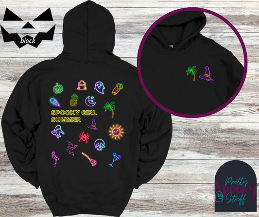 Spooky Girl Summer hoodie featuring a mix of spooky and summer themed neon icons with the with the words "spooky girl summer" in neon yellow letters in the middle,in black, printed on the back with two icons printed on front left.