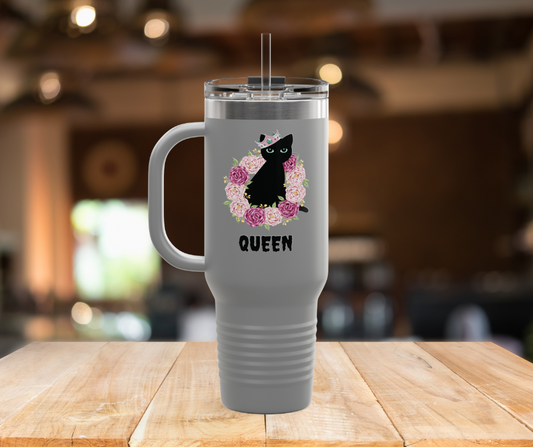 Spooky Girl Summer 40oz tumbler with lid and straw, featuring black cat sitting in ring of pink and purple roses, wearing a crooker crown with the word "queen" below in black, with gray background.