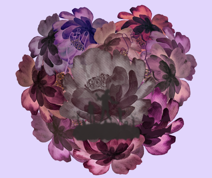 Summerween shirt with flowers of different shades of purple arranged in the shape of a heart, with shadows of running zombies and two zombie arm line drawings mixed in, closeup.
