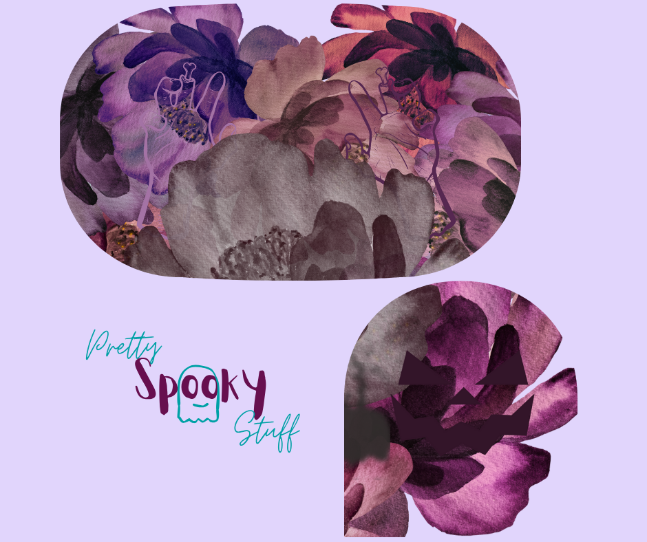 Summerween shirt with flowers of different shades of purple arranged in the shape of a heart, with shadows of running zombies and two zombie arm line drawings mixed in, details closeup.