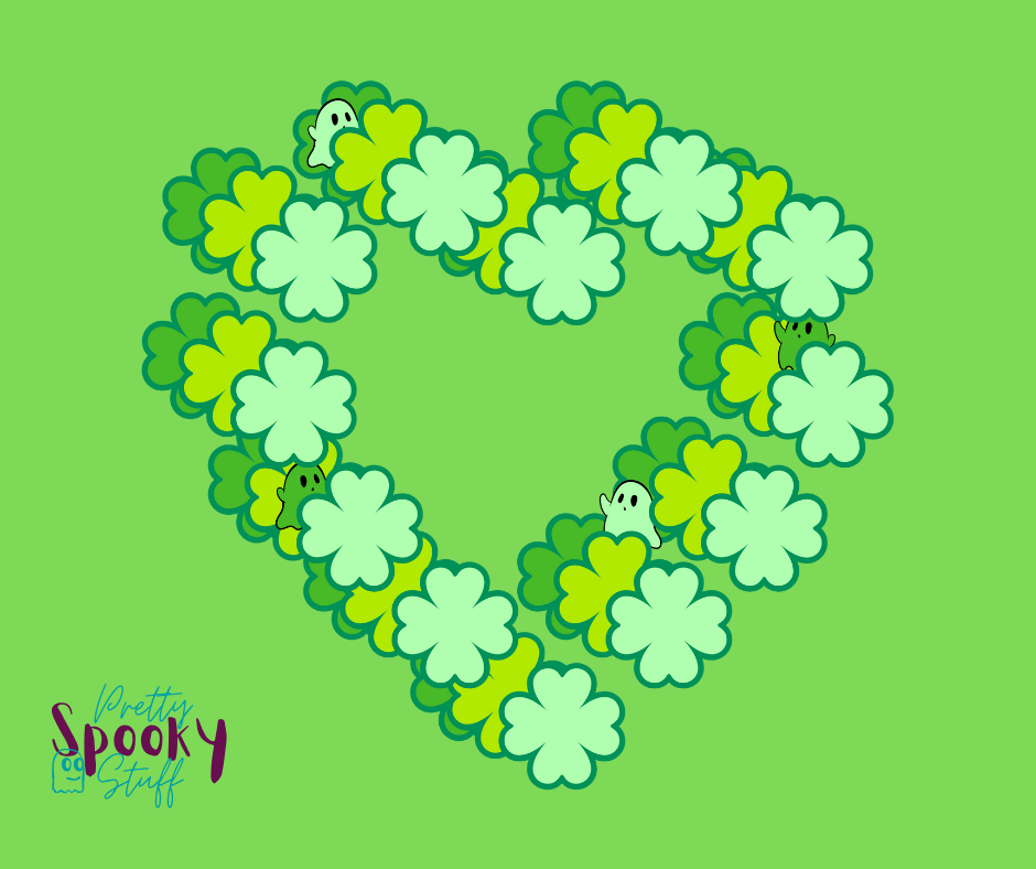 St. Patrick's Day shirt design closeup with three hearts made from four-leaf clovers, each in a different shade of green, offset from each other with ghosts hiding amongst them in shades of green.
