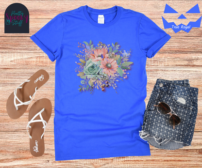 Floral shirt with a bouquet of flowers in pastel color scheme, and mummies hiding among the outlying leaves,vintage look, in true royal.