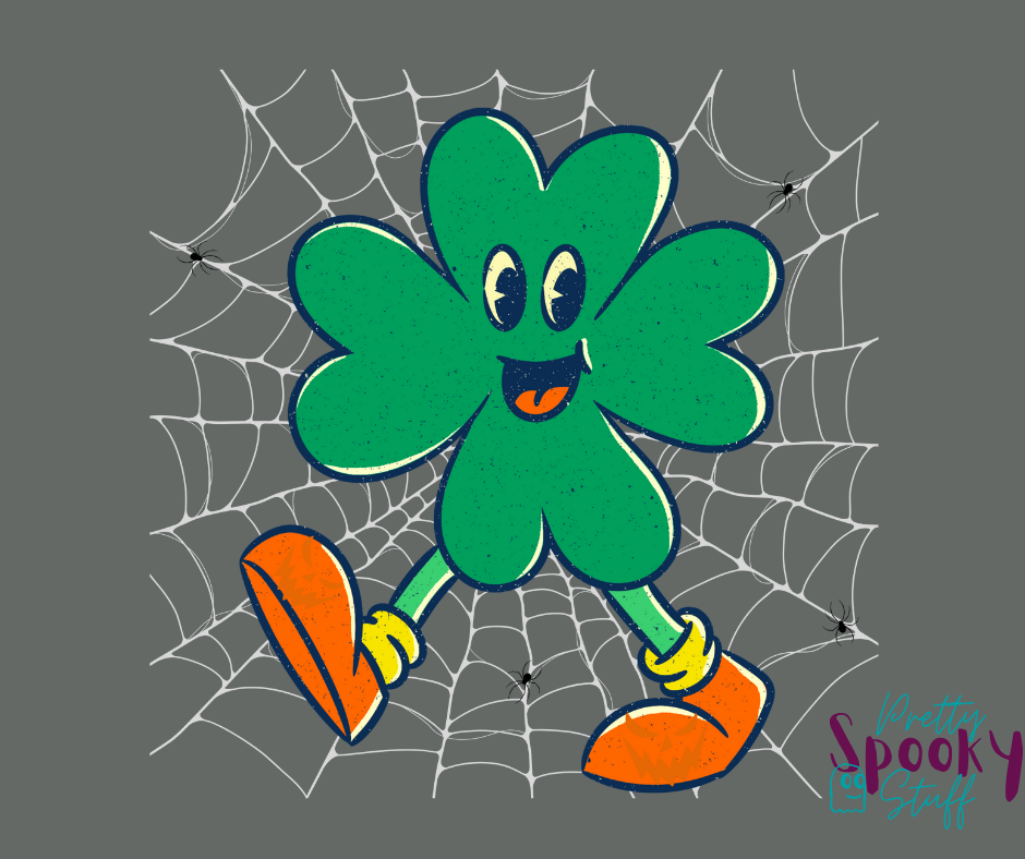 St. Patrick's Day shirt design closeup with four-leaf clover character on a spiderweb background with small spiders around it.