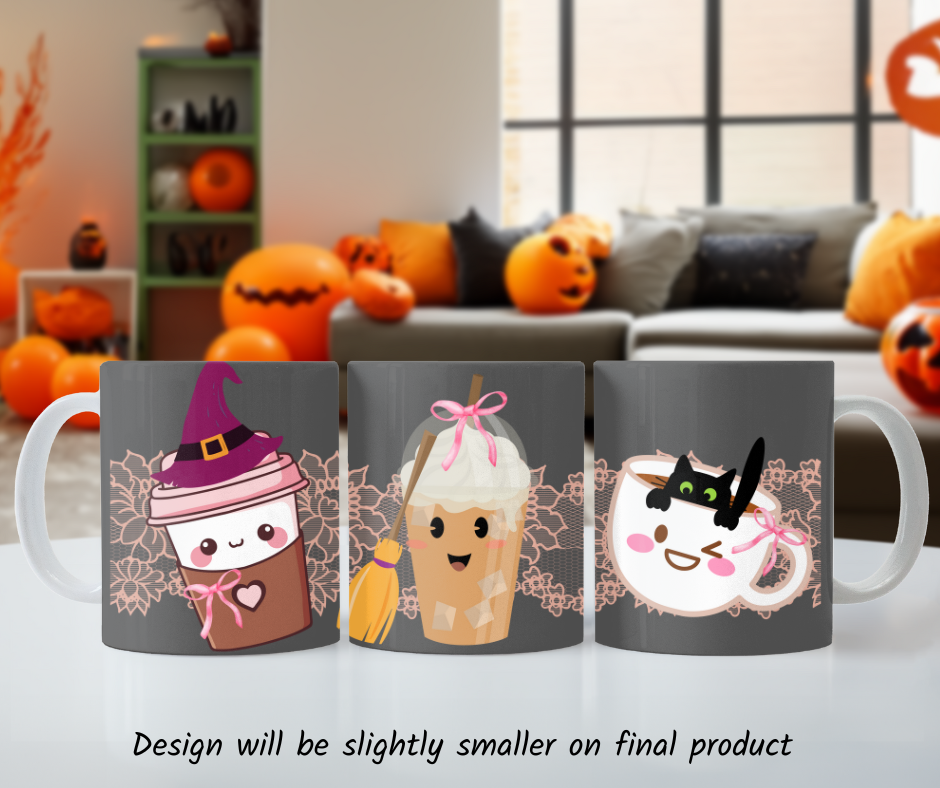 Coquette Halloween 11oz ceramic mug with three different coffee cups, a to-go cup wearing a purple witch hat, an iced coffee cup with a witch broom, and a white mug with a black cat hanging on the edge from the inside, with a light pink lace strip behind them, gray background, 3 sided view.
